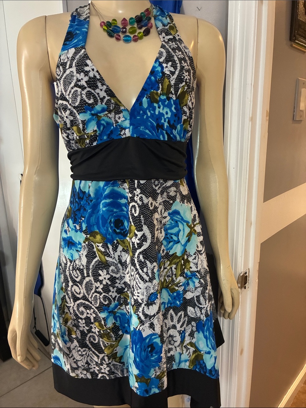 Chesley Blue Floral Halter Empire-Waist Dress
